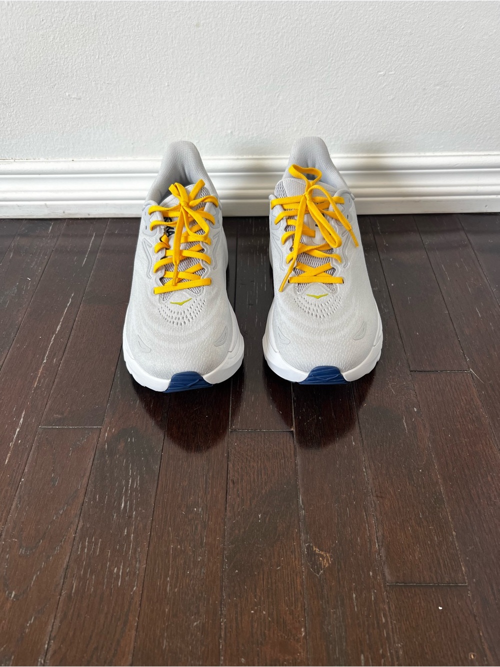 Men’s HOKA Arahi 8 Running Shoe: Light Gray, blue, with Yellow Laces